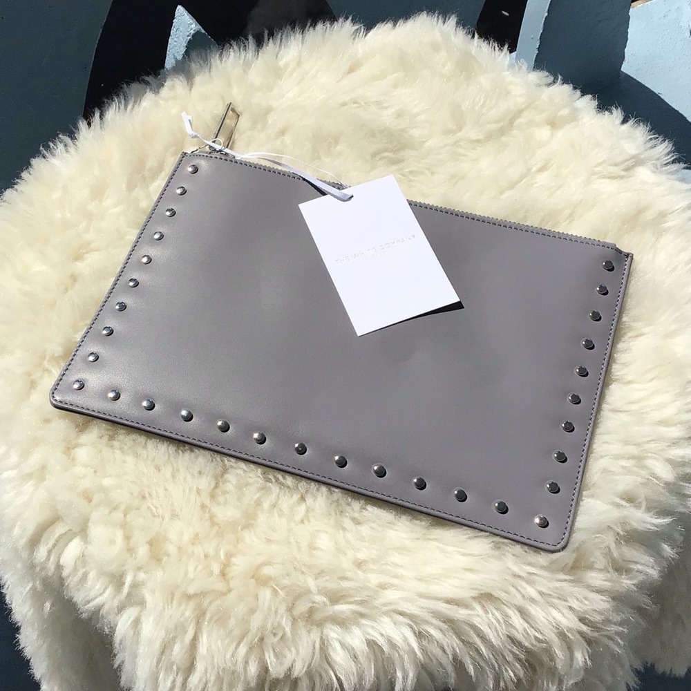 The White Company London Large Studded Leather Pouch Clutch in Flint